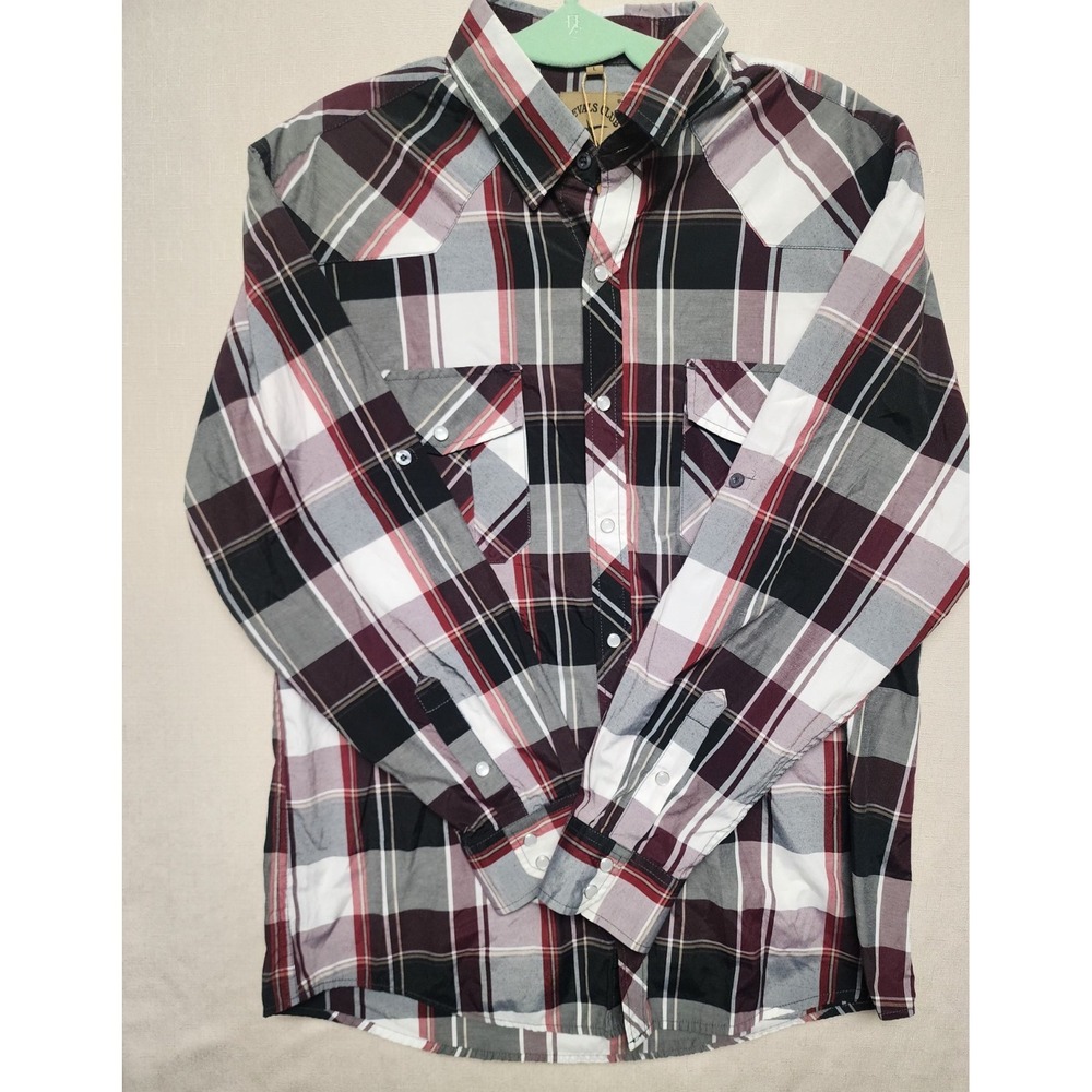 Coevals Club Men's Western Pearl Snap Plaid Shirt Black/Red/White  Size Large